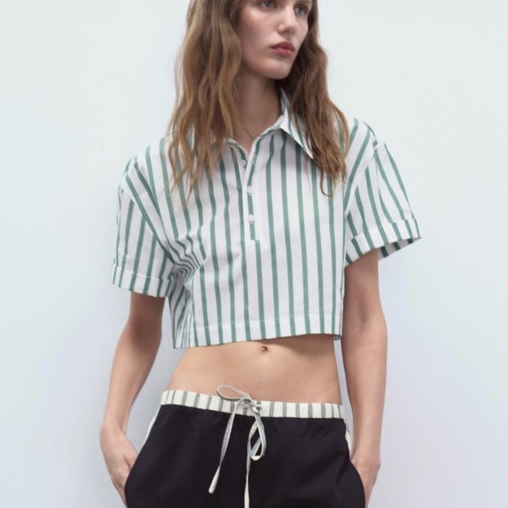 Zara Striped Cropped Poplin Shirt Green & White Large Short Sleeve
